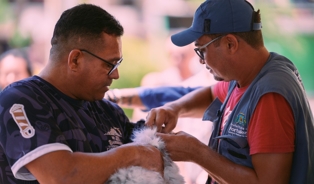 agente de zoonoses vacina um gato que está no colo de um homem